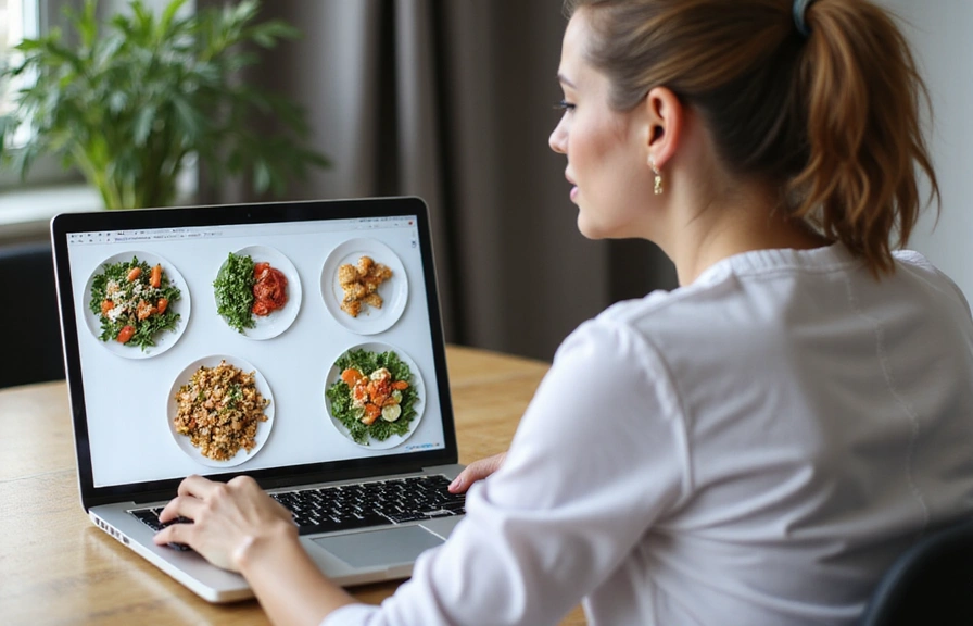 Eine Person spricht mit einem Ernährungsberater über einen Laptop, der Ernährungspläne anzeigt.